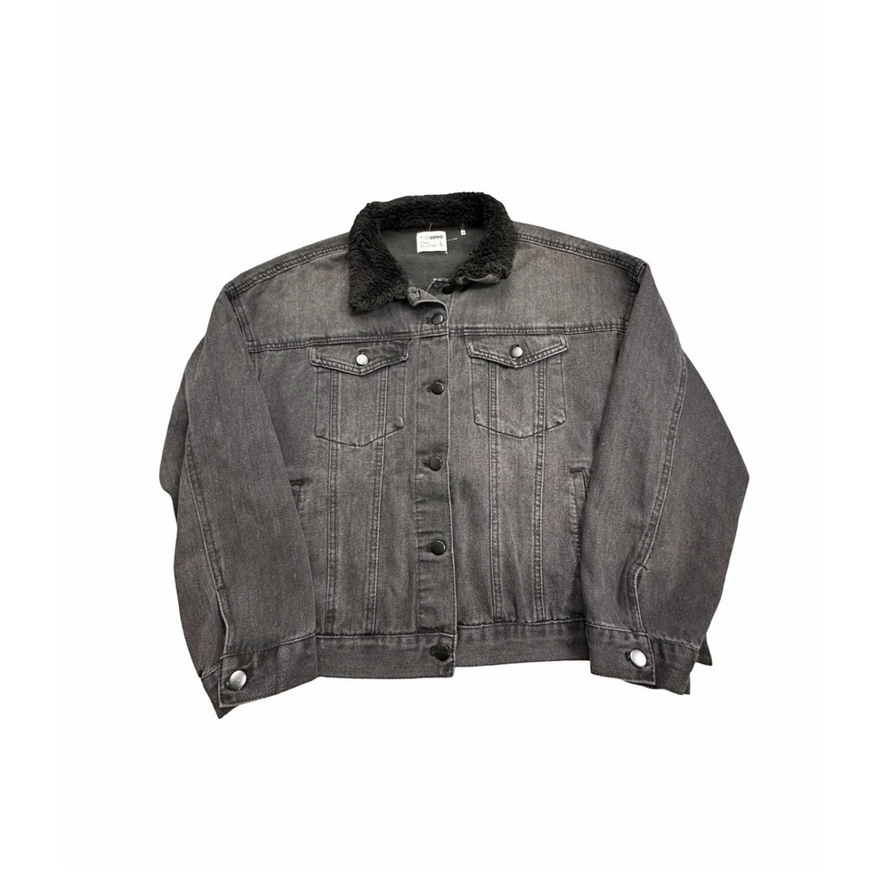 Cisono‎ Denim Jacket Womens L Black DJK431 Faux Fur Collar Trucker Edgy Grunge